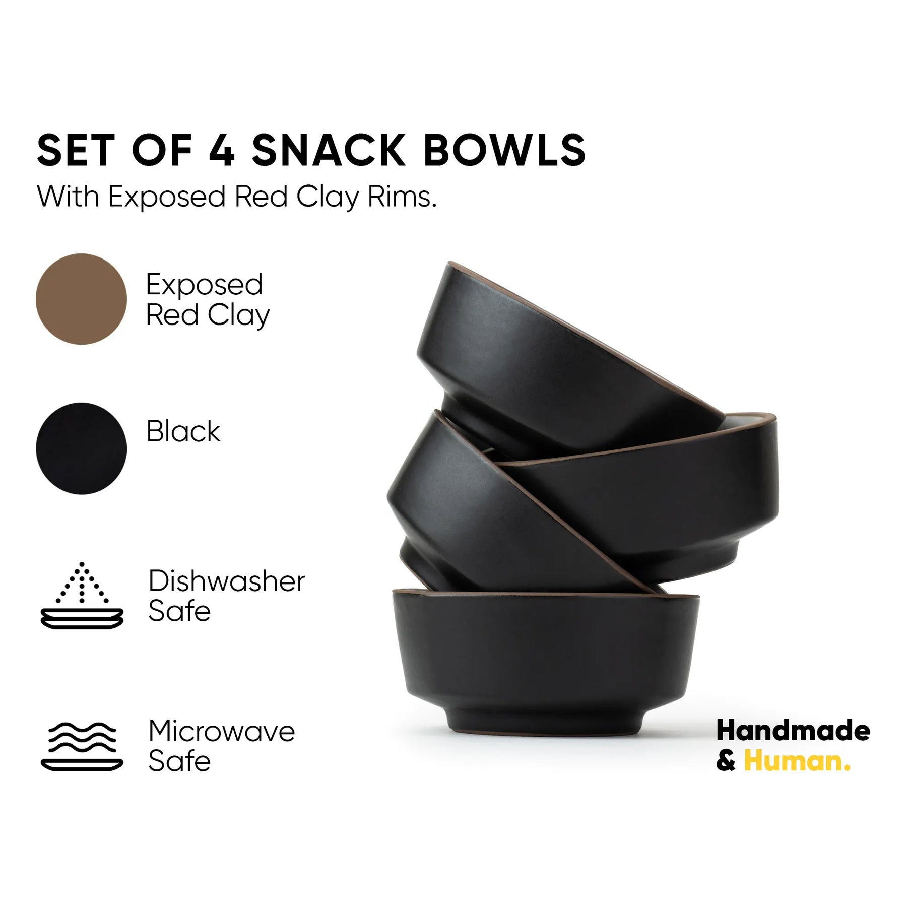 Set of 4 black snack bowls with exposed red clay rims on a white background, featuring product details and branding.