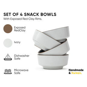 Set of 4 snack bowls with exposed red clay rims on a white background, featuring branding and product details.