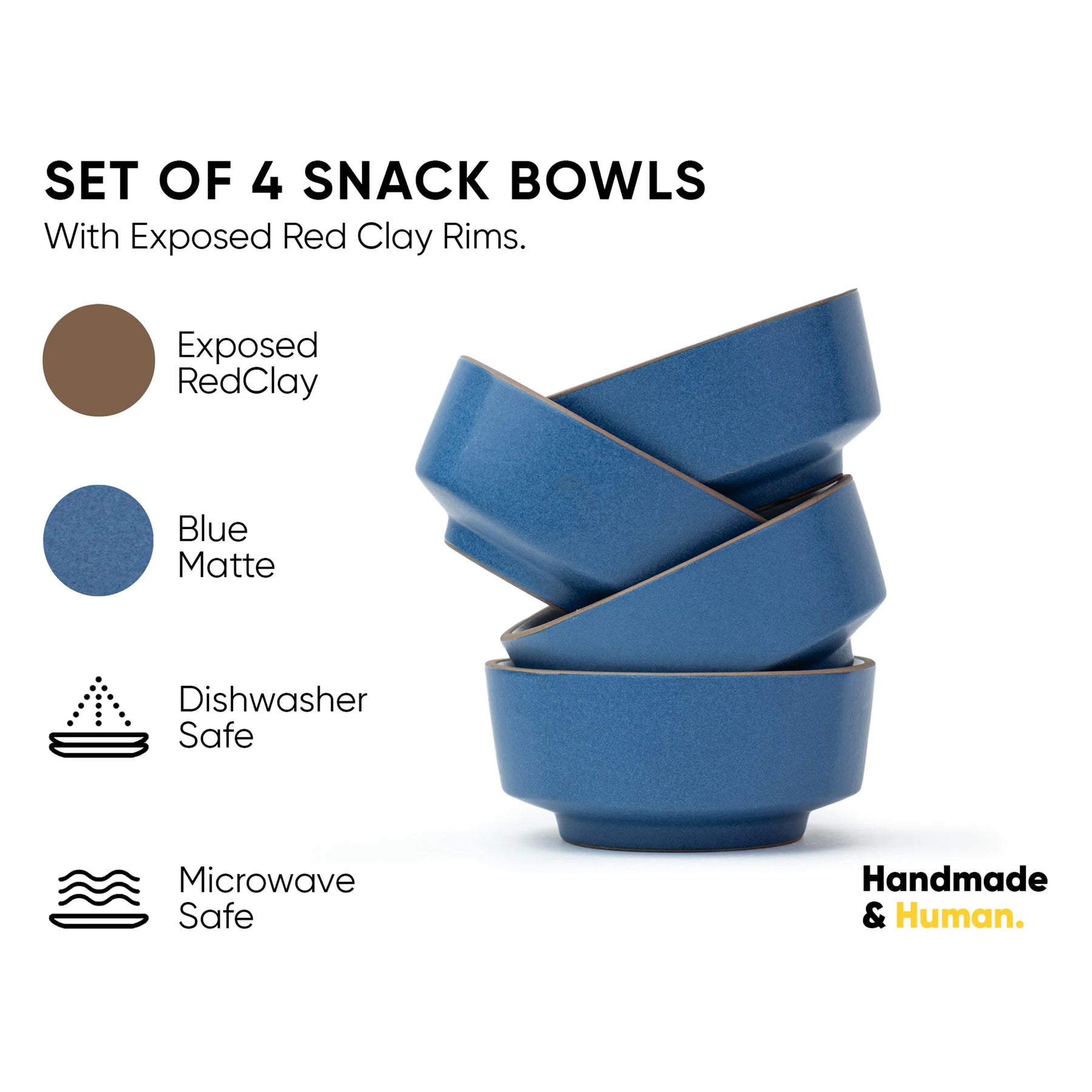 Set of 4 blue snack bowls with exposed red clay rims on a white background, featuring product details and branding.