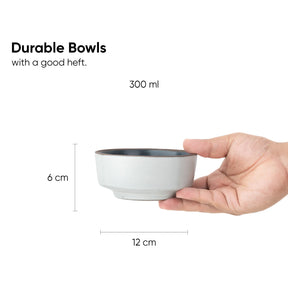 Hand holding a small bowl with dimensions and capacity details on a white background