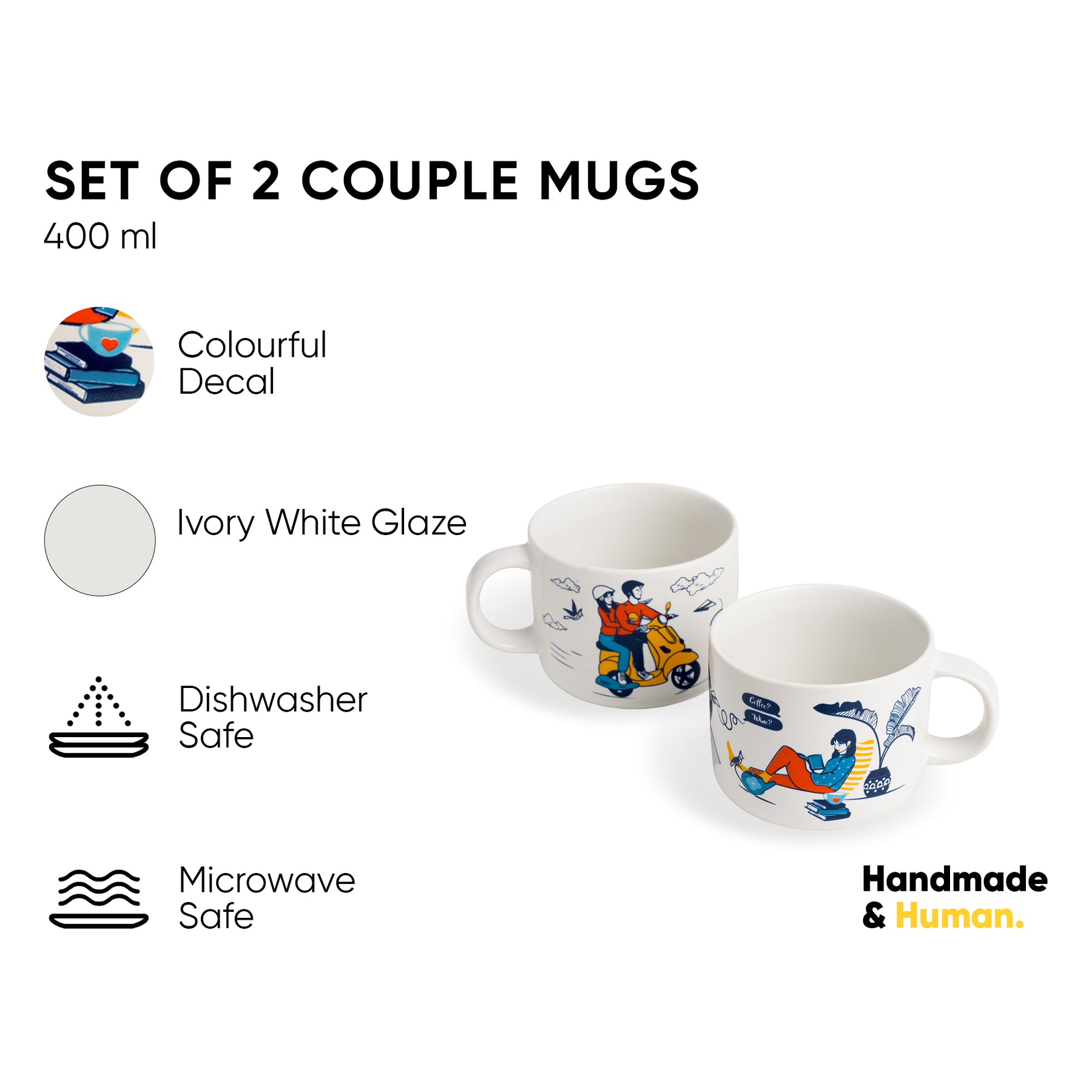 Ceramic Cappuccino Cup Set of 2 – His & Her (350ml)