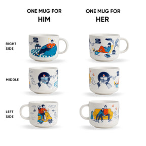Set of mugs for 'Him' and 'Her' with romantic illustrations on a white background.