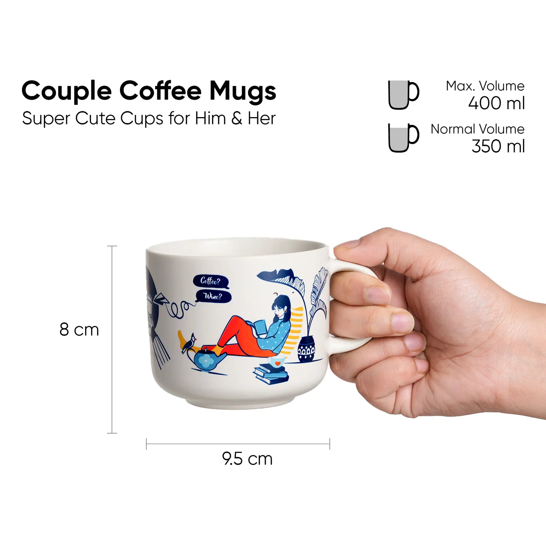 Coffee mug held by a hand with illustrations and text, showing dimensions and volume details.