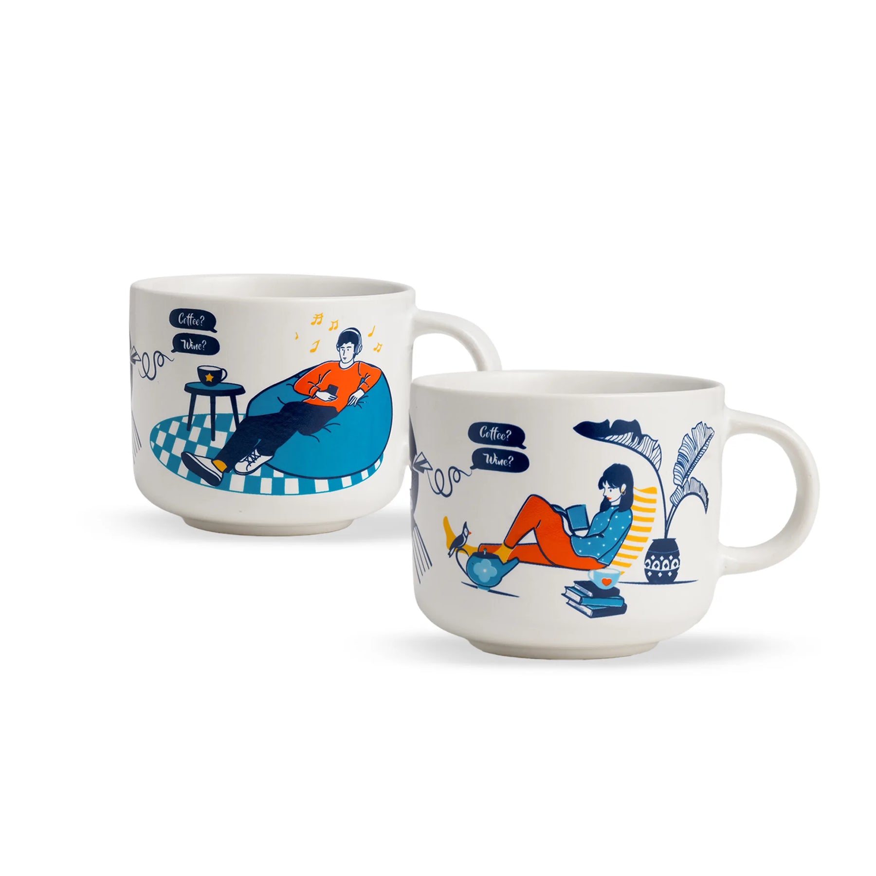 Two mugs with illustrated designs of people sitting on chairs on a white background