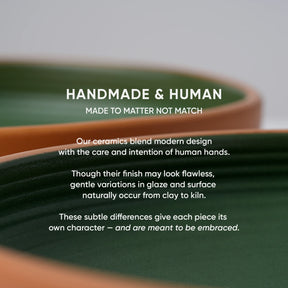 Ceramic bowls with text about handmade and human-made ceramics.