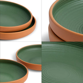 Two sets of green and terracotta ceramic plates on a white background.