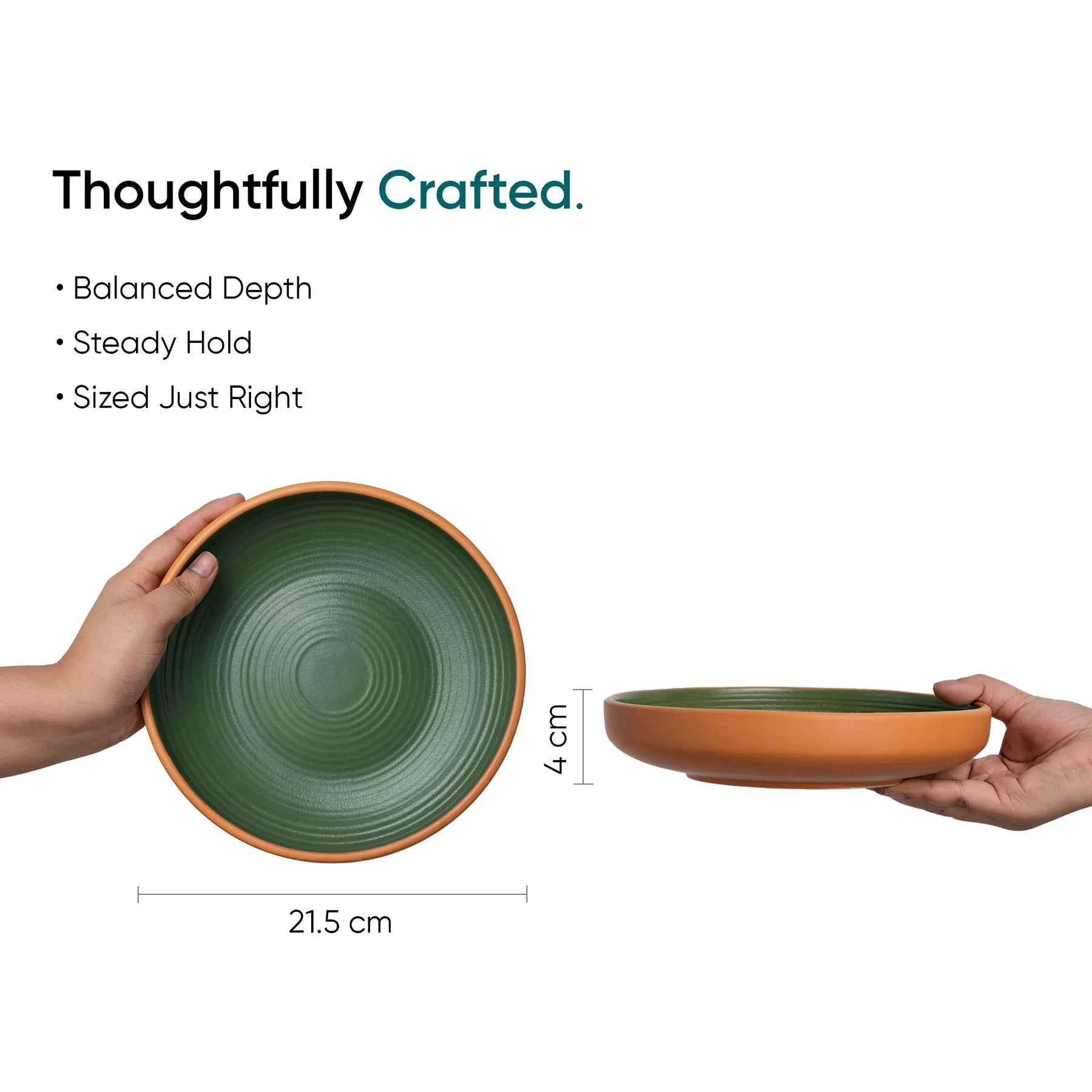 Two hands holding green ceramic bowls with dimensions and text about craftsmanship.