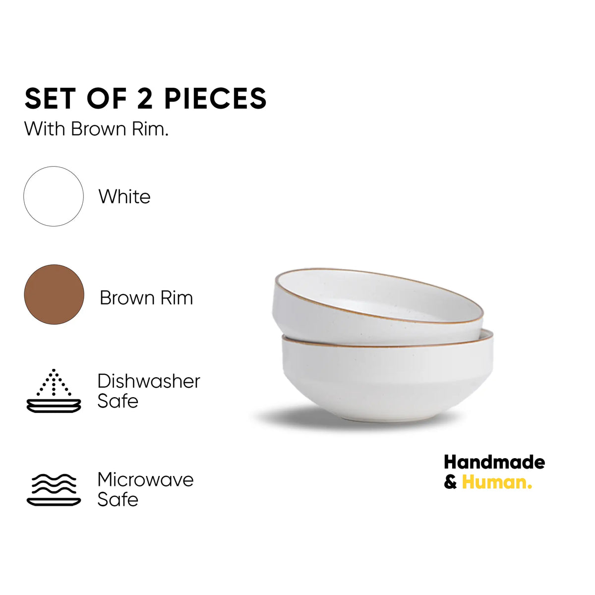 Set of two white bowls with brown rim on a white background, featuring text about material and safety.