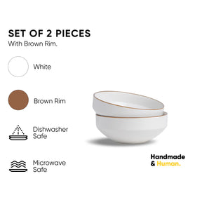 Set of two white bowls with brown rim on a white background, featuring text about material and safety.
