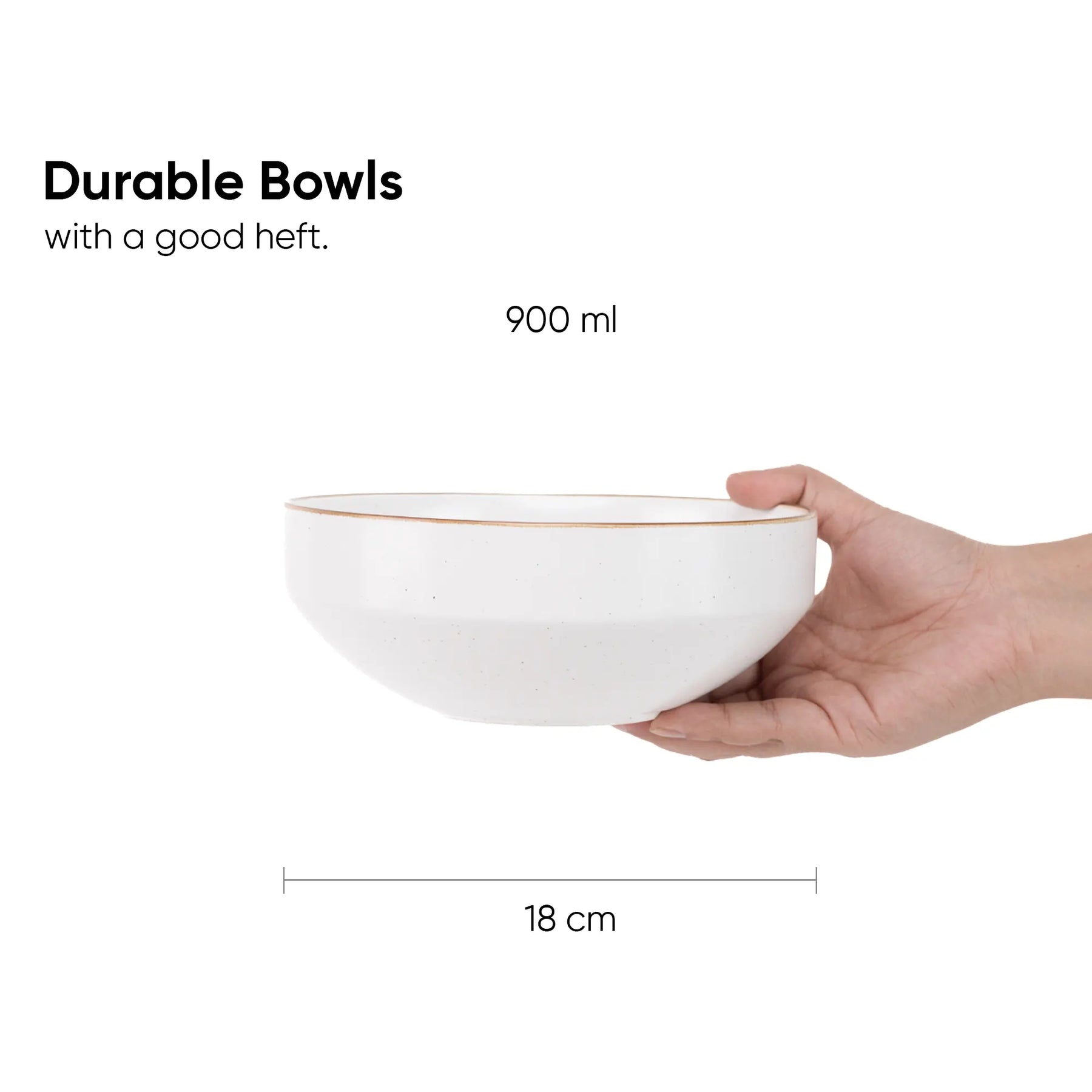 White bowl held by a hand with text indicating durability and capacity, on a white background.