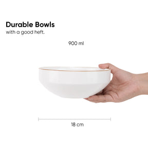 White bowl held by a hand with text indicating durability and capacity, on a white background.