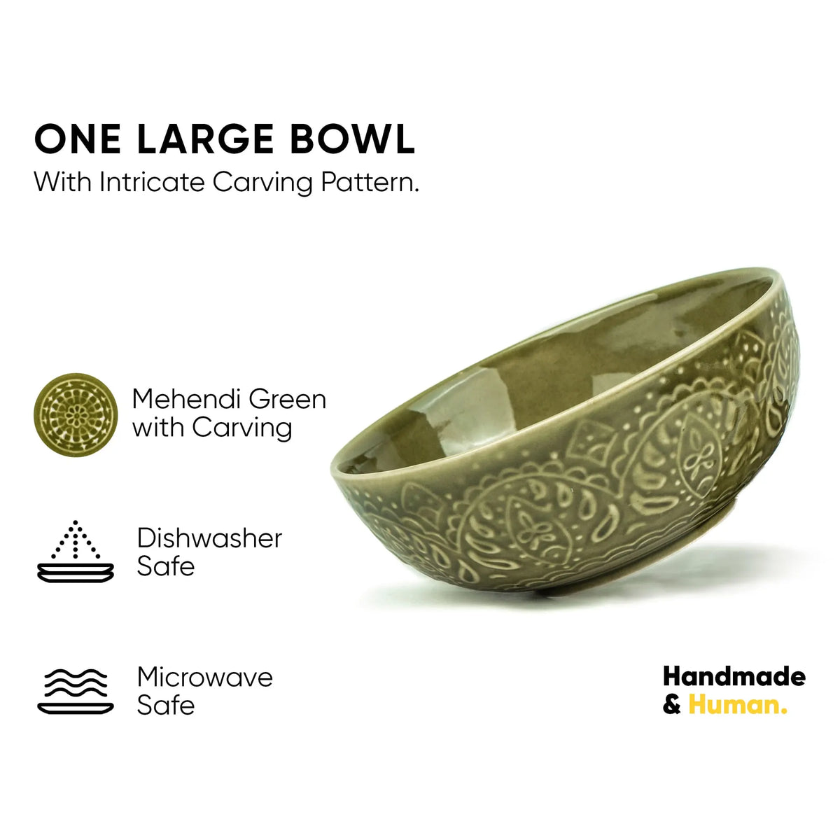 Mehndi Green ceramic bowl with intricate carvings on a white background
