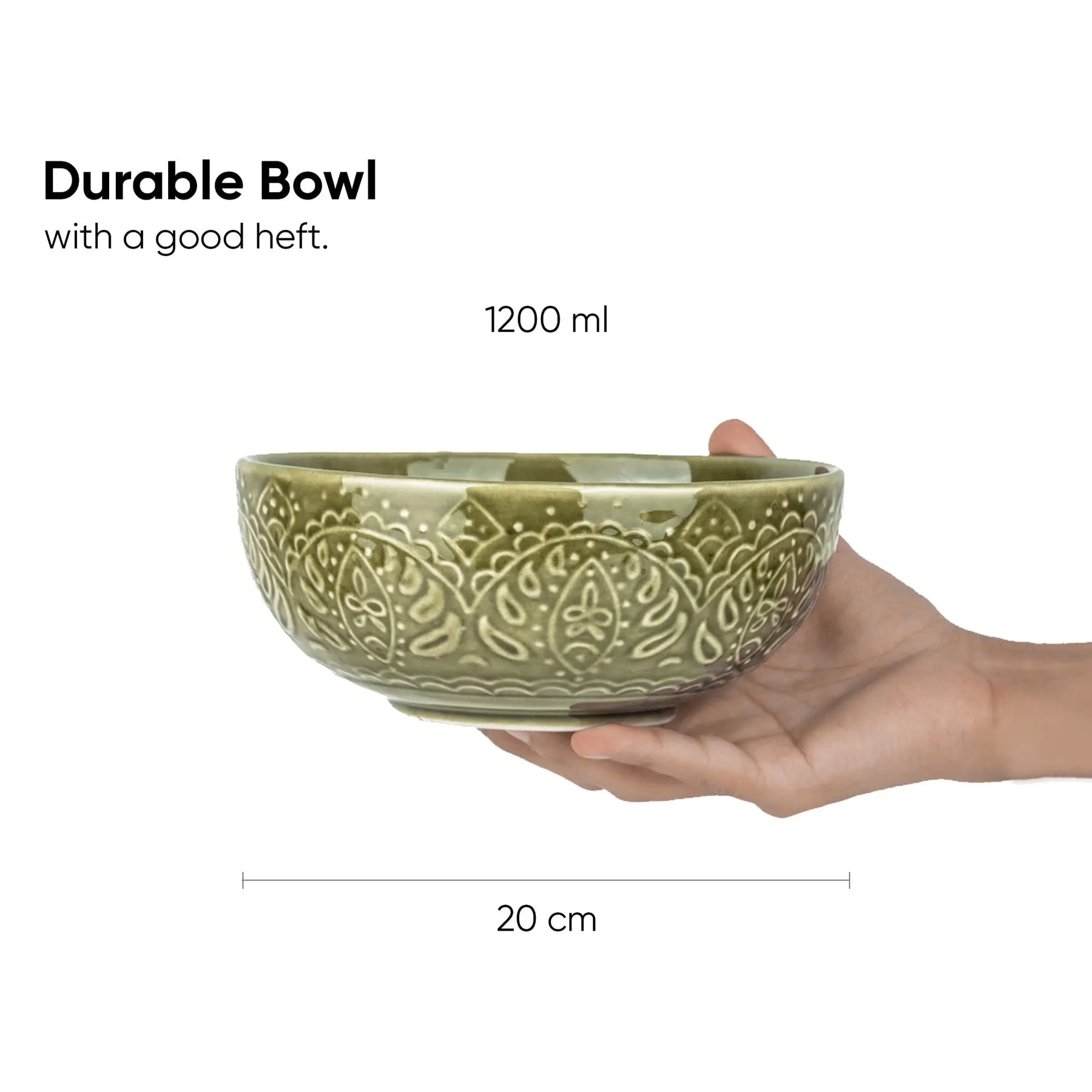 Hand holding a green ceramic bowl with embossed patterns, labeled 'Durable Bowl with a good heft' and '1200 ml'.