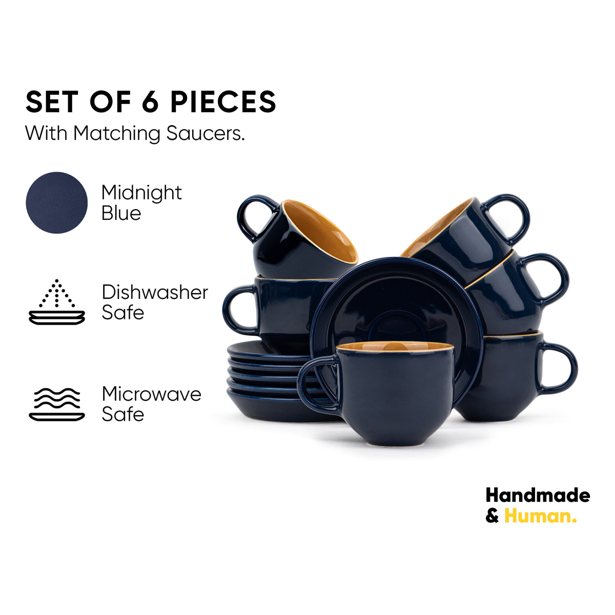 Midnight Blue Ceramic Tea Cup & Saucer Set – 180 ML | Set of 6