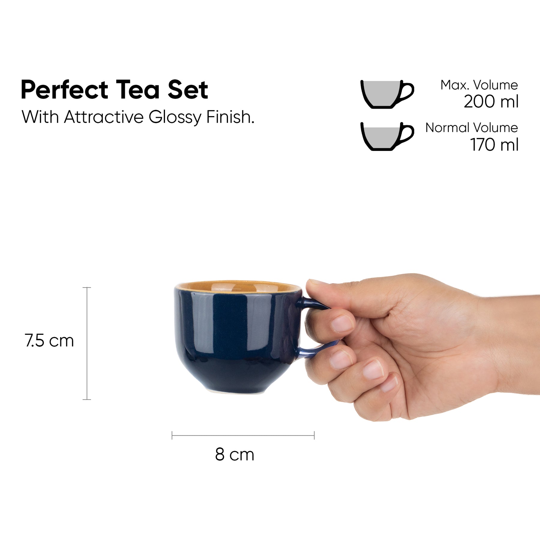 Midnight Blue Ceramic Tea Cup & Saucer Set – 180 ML | Set of 6
