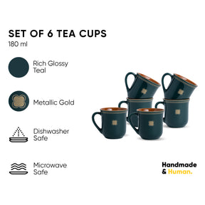 Royal Tea Cup Set, Set of 6, Teal Green, 180ml | Floral Print