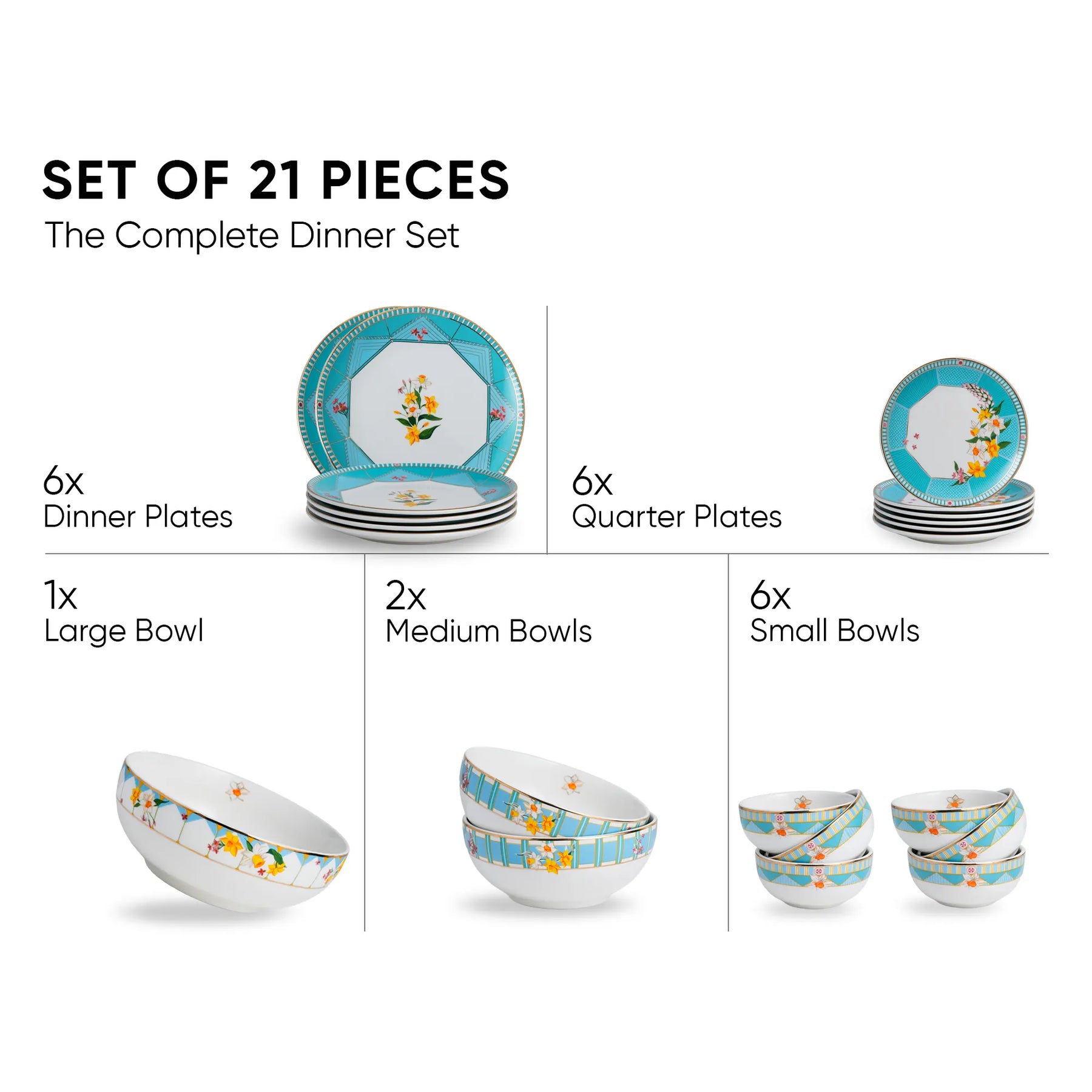 Ceramic Dinner Set | Nargis Collection | 21 Pieces | Dinner Set For 6 | Floral