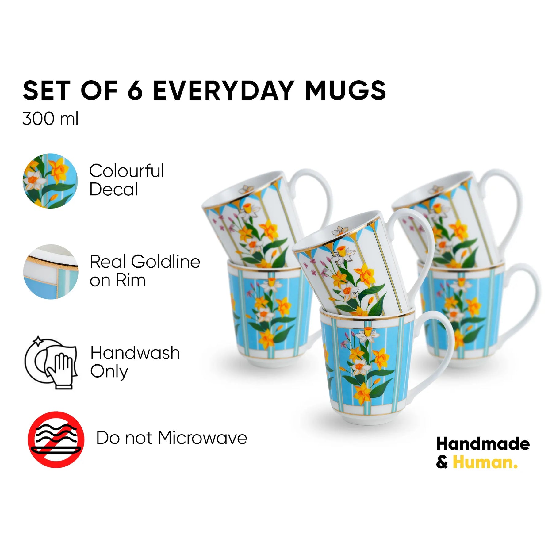 Set of 6 everyday mugs with floral design on a white background