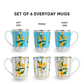 Set of 6 everyday mugs with floral design on a white background