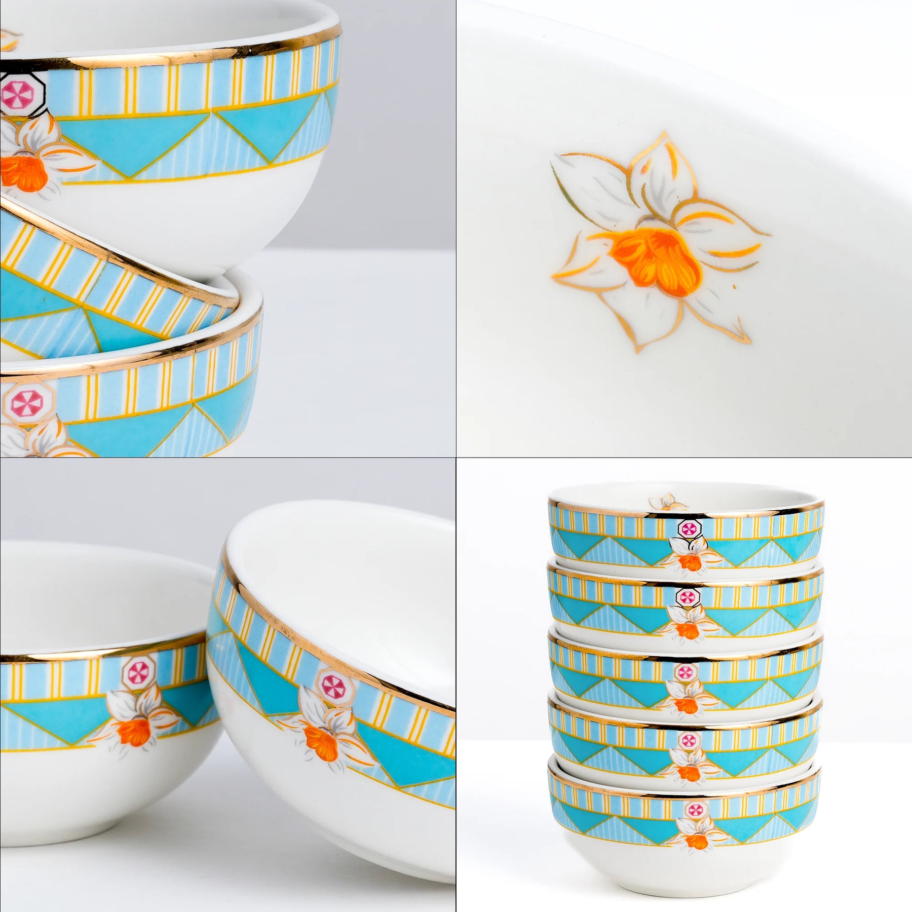 Set of decorative bowls with geometric and floral patterns on a white background
