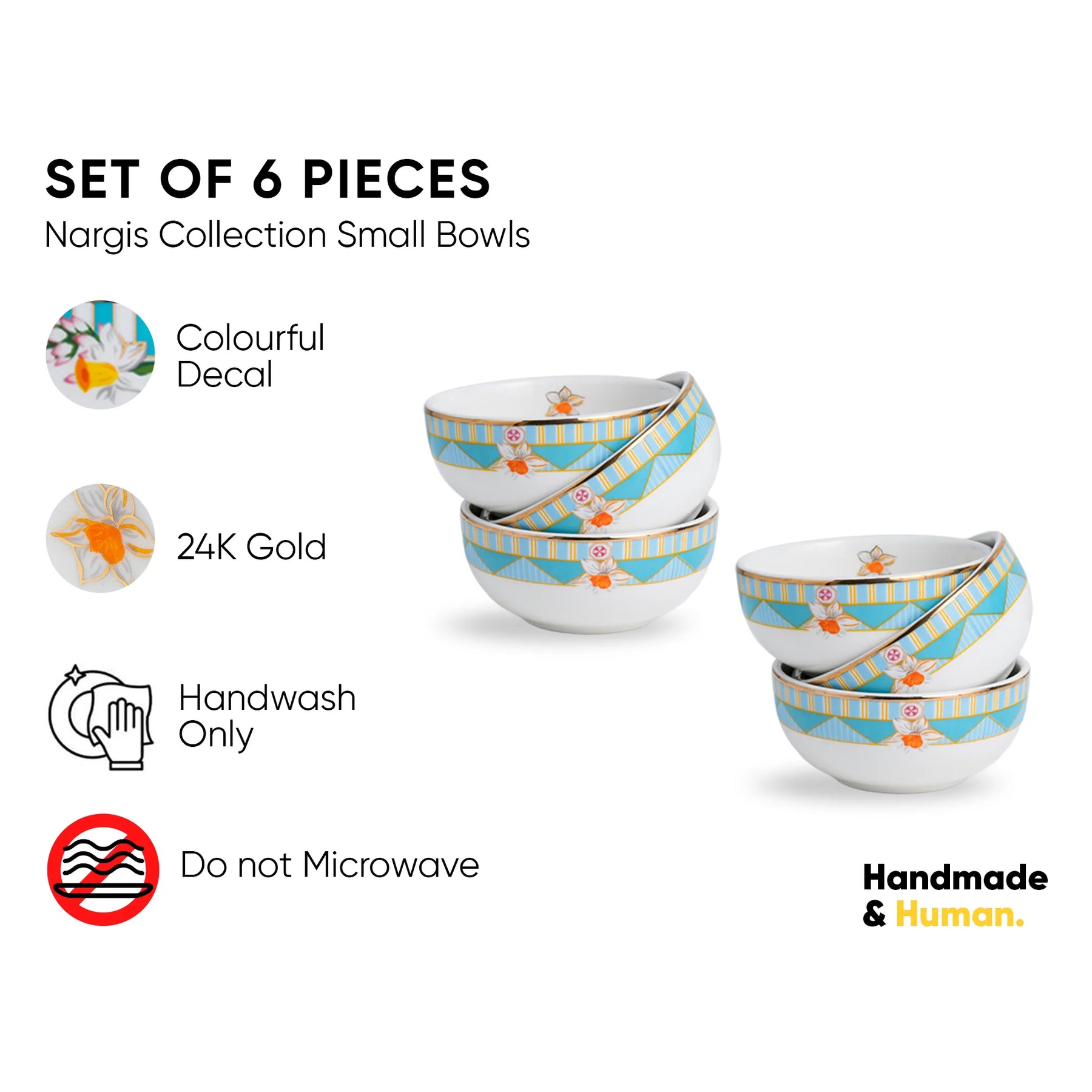 Set of 6 Nargis Collection small bowls with colorful decal and 24K gold on a white background.