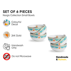 Set of 6 Nargis Collection small bowls with colorful decal and 24K gold on a white background.