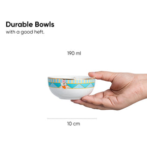 Hand holding a small bowl with decorative elements, labeled '190 ml' and '10 cm', on a white background.