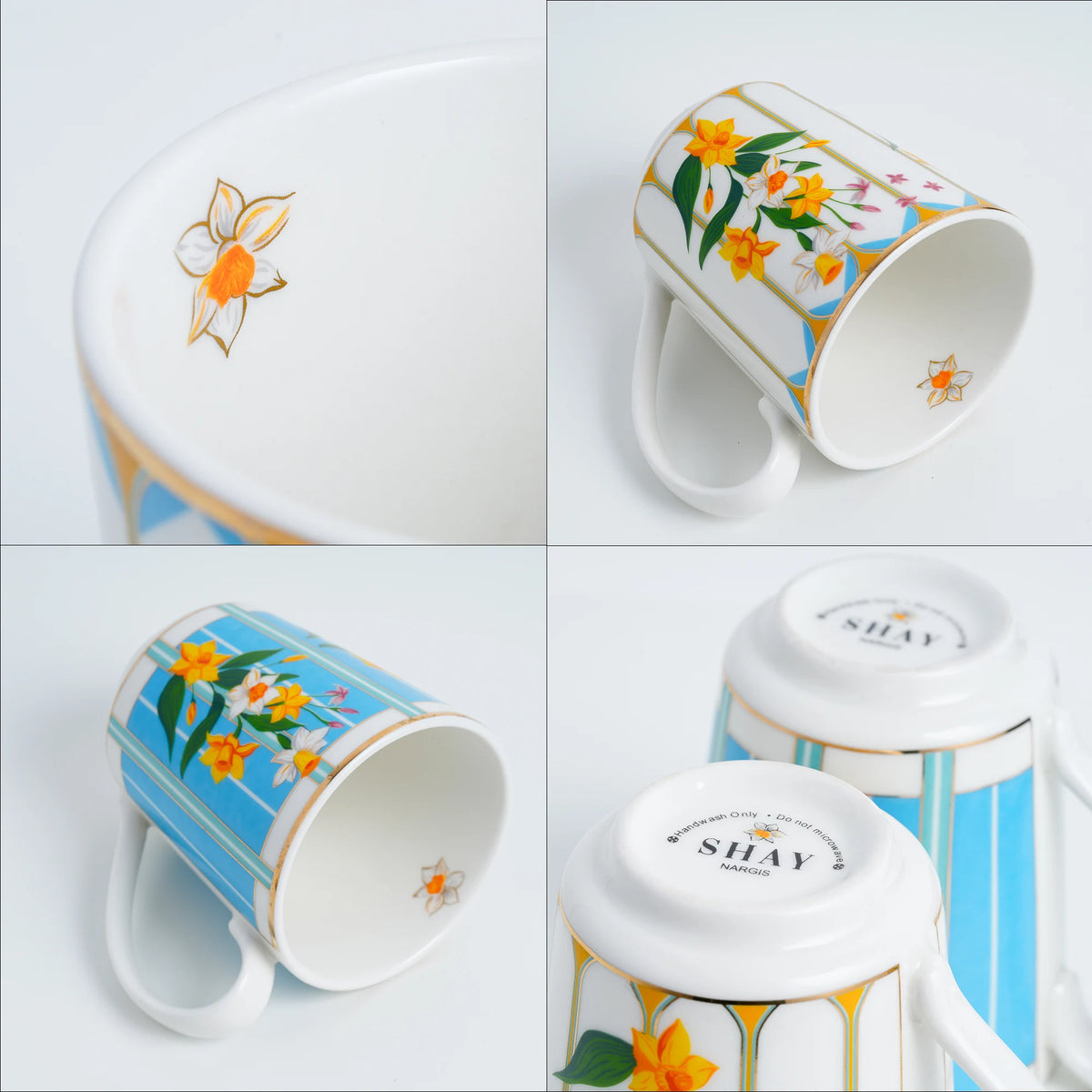 Set of ceramic mugs with floral design and 'SHAY' branding on a light gray background.