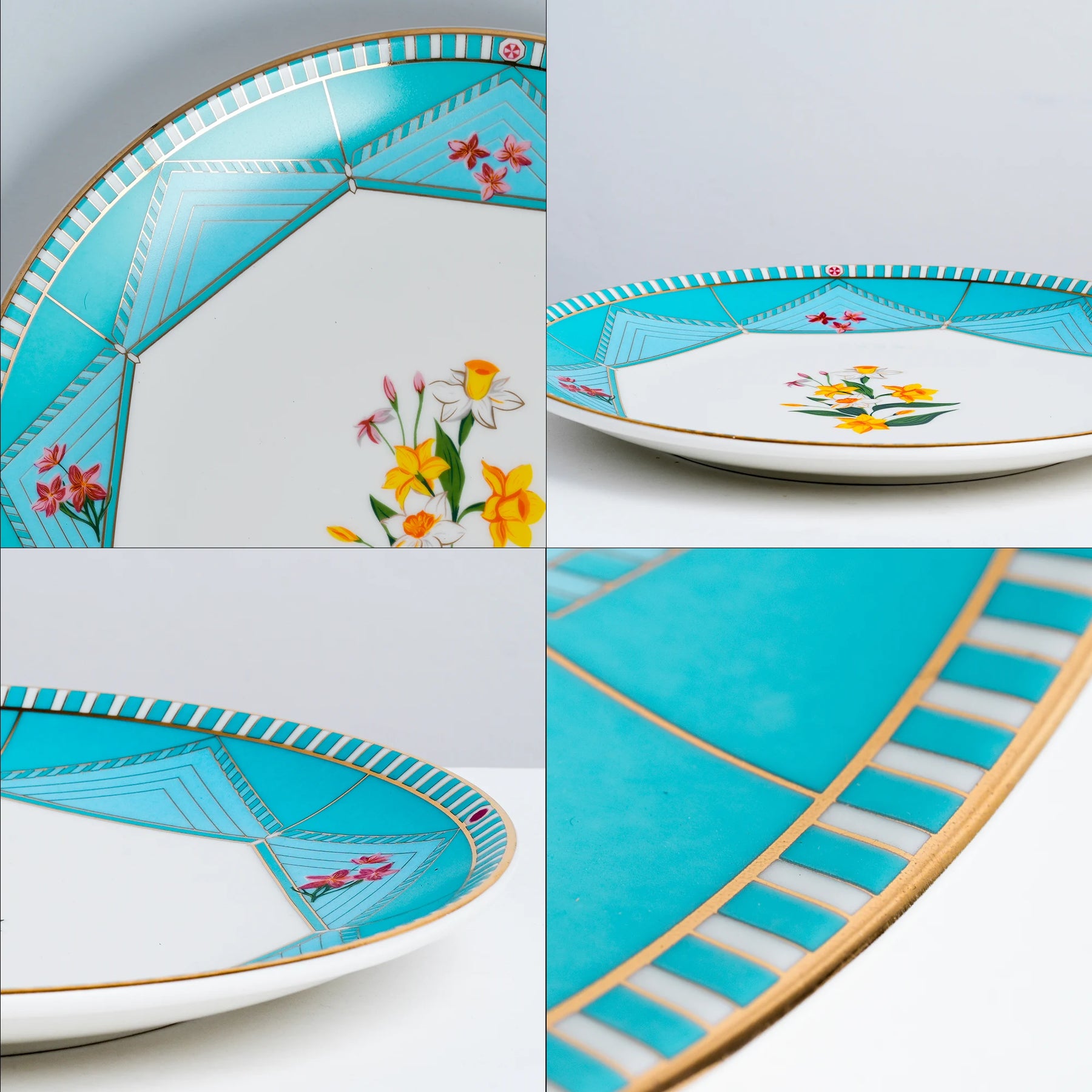 Decorative plates with floral designs and turquoise borders on a white background