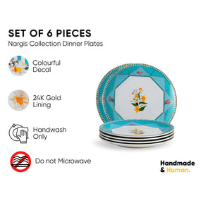 Set of 6 Nargis Collection dinner plates with colorful decal and 24K gold lining on a white background.