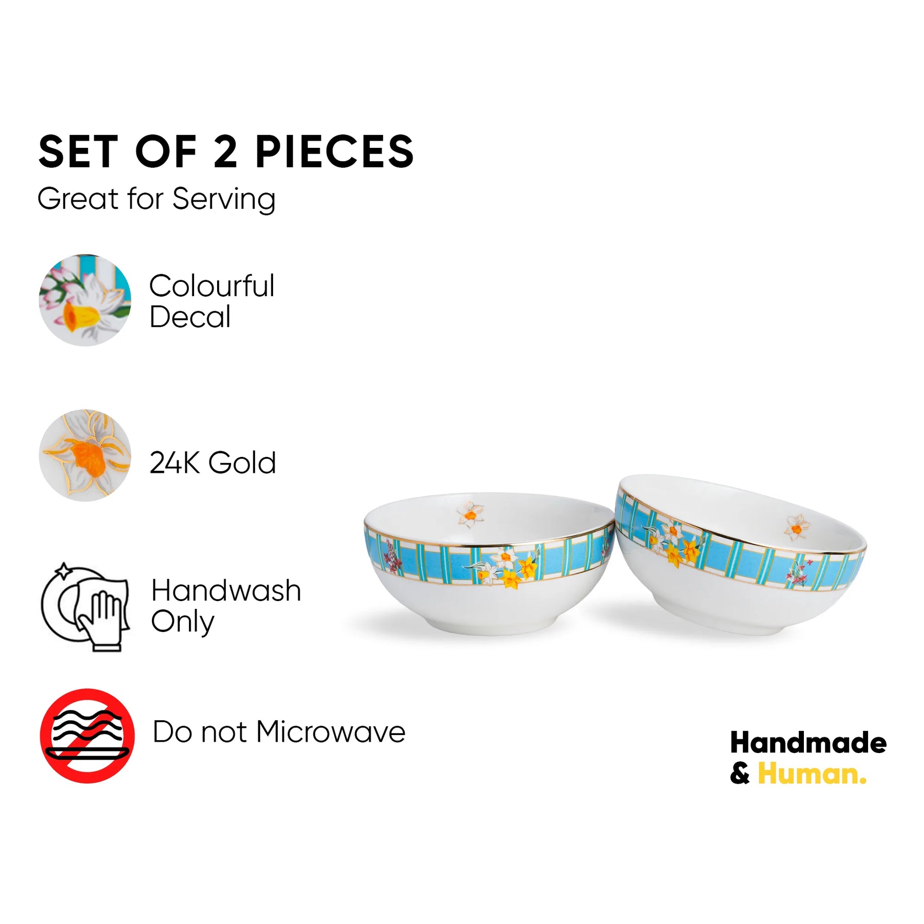 Set of 2 bowls with colorful decal and 24K gold on a white background, featuring text about material and care instructions.