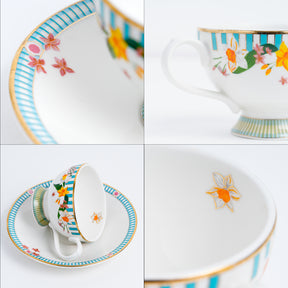 Nargis Tea Cup & Saucer Set, 6 Pcs, 180ml | Ceramic Tea Cups with Plates | Floral Print