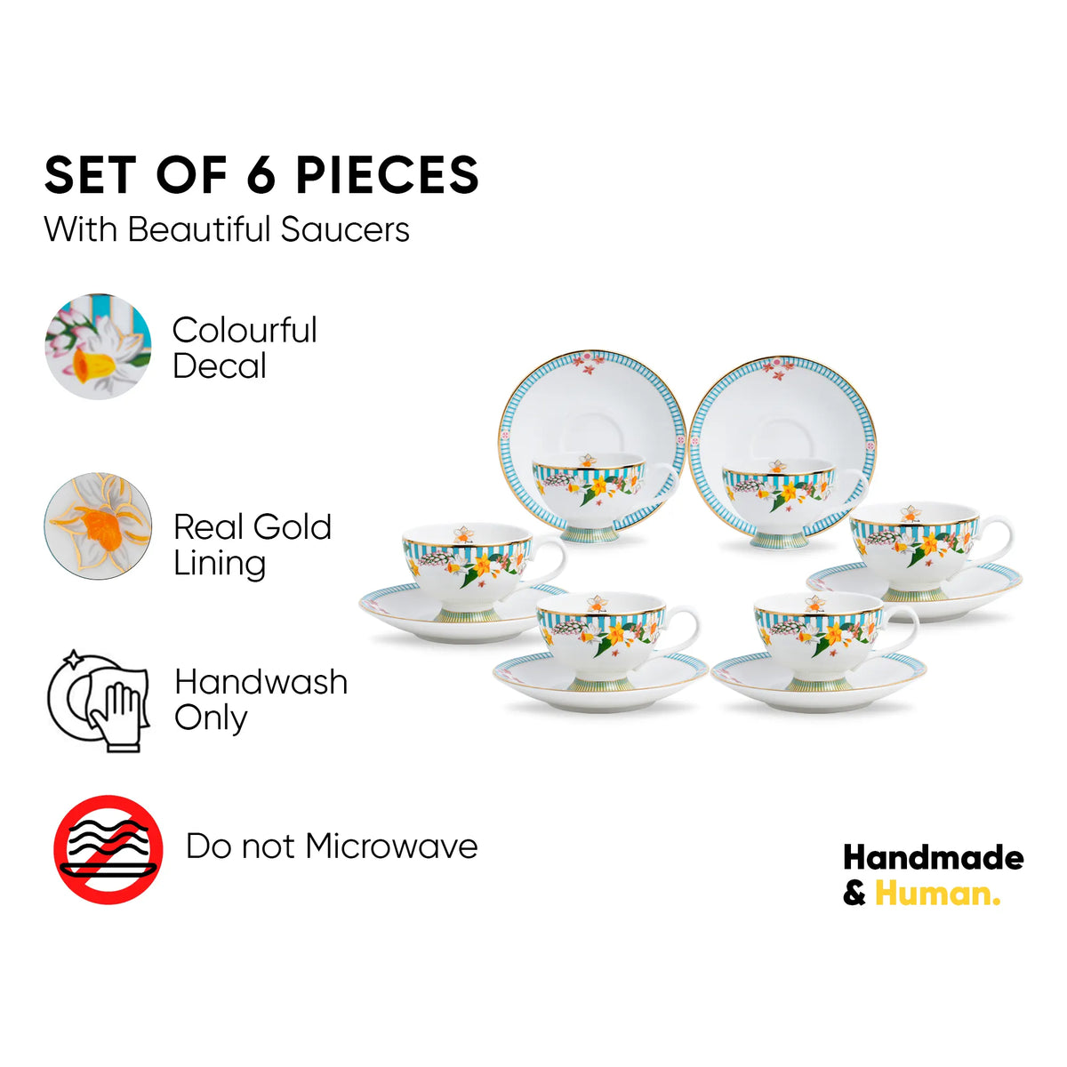 Set of 6 ceramic tea cups with saucers featuring colorful decal and real gold lining on a white background.