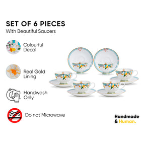 Nargis Tea Cup & Saucer Set, 6 Pcs, 180ml | Ceramic Tea Cups with Plates | Floral Print