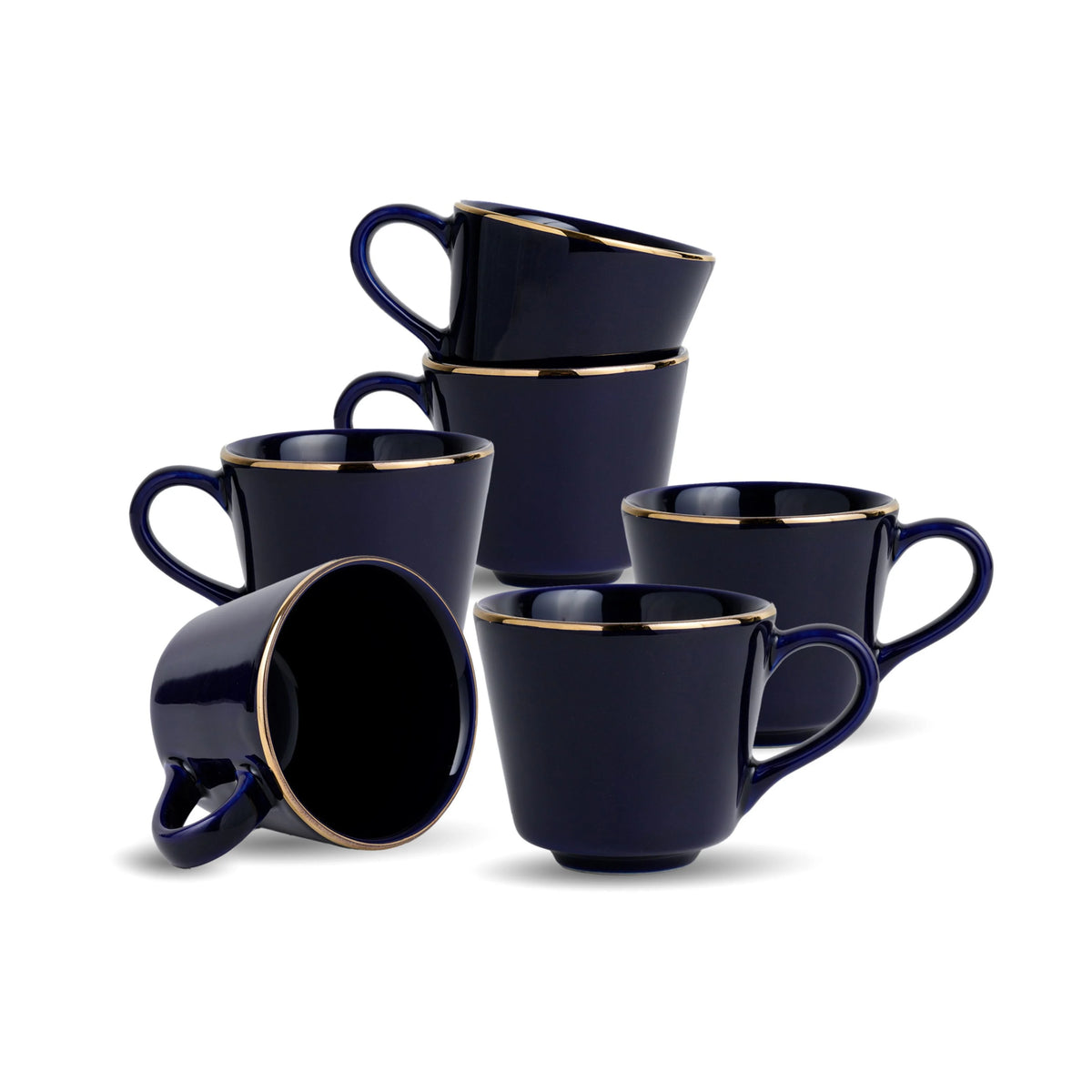 Set of six navy blue mugs with gold rims on a white background