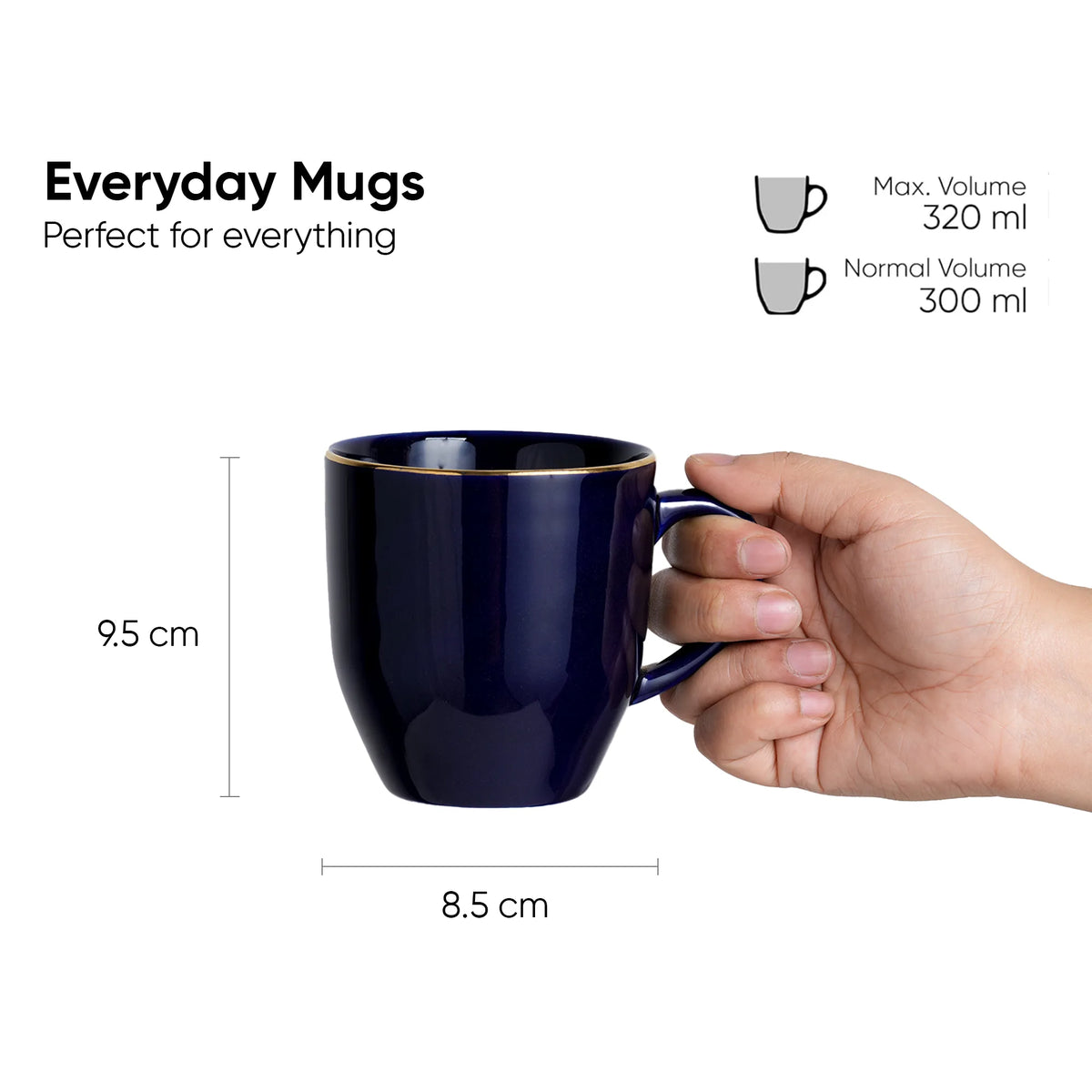 Navy blue mug held by a hand with measurements and volume details on a white background