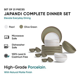 Ceramic Dinner Set | Japandi Collection | 21 Pieces | Dinner Set For 6 | Olive