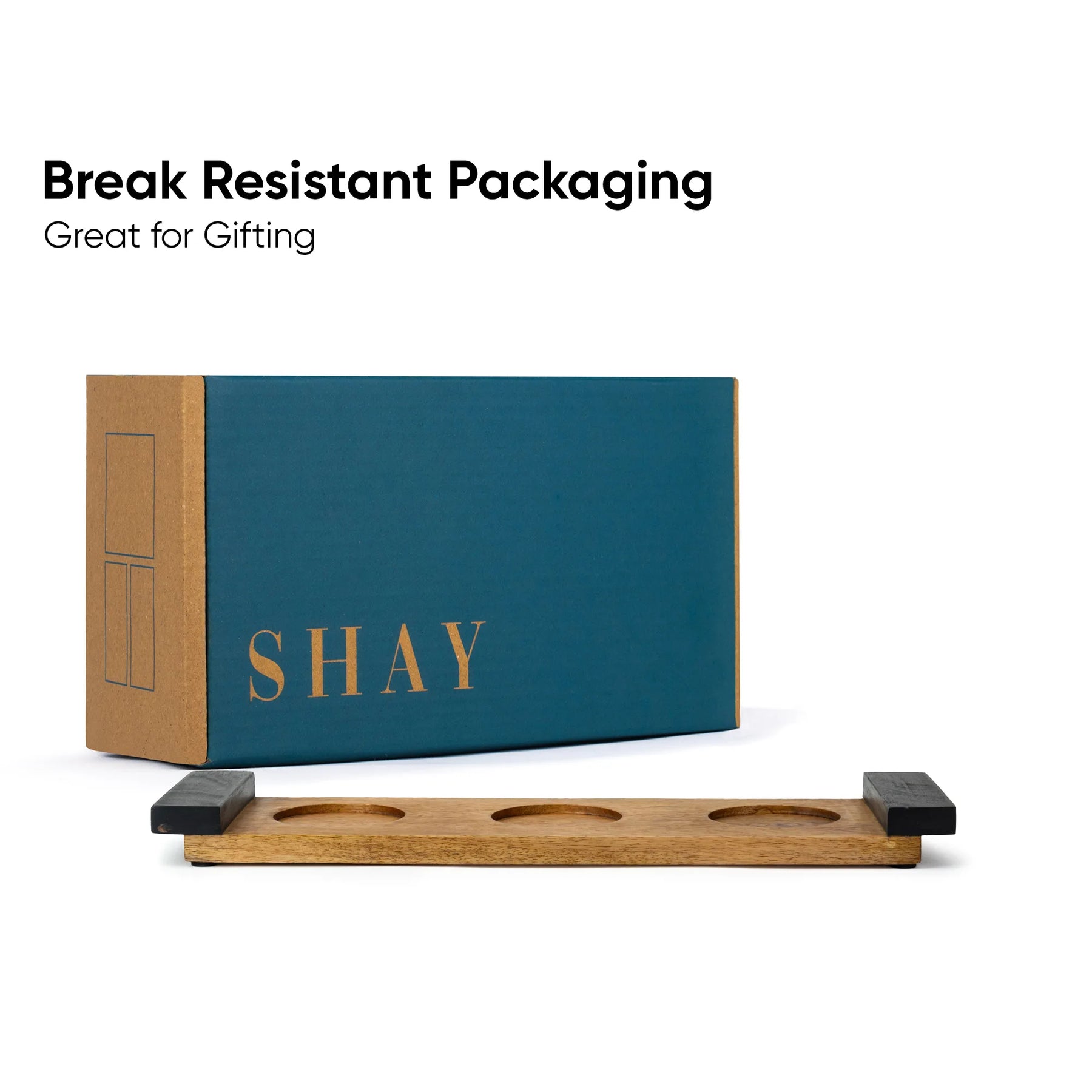 Wooden product display with 'SHAY' branding and break-resistant packaging text on a white background