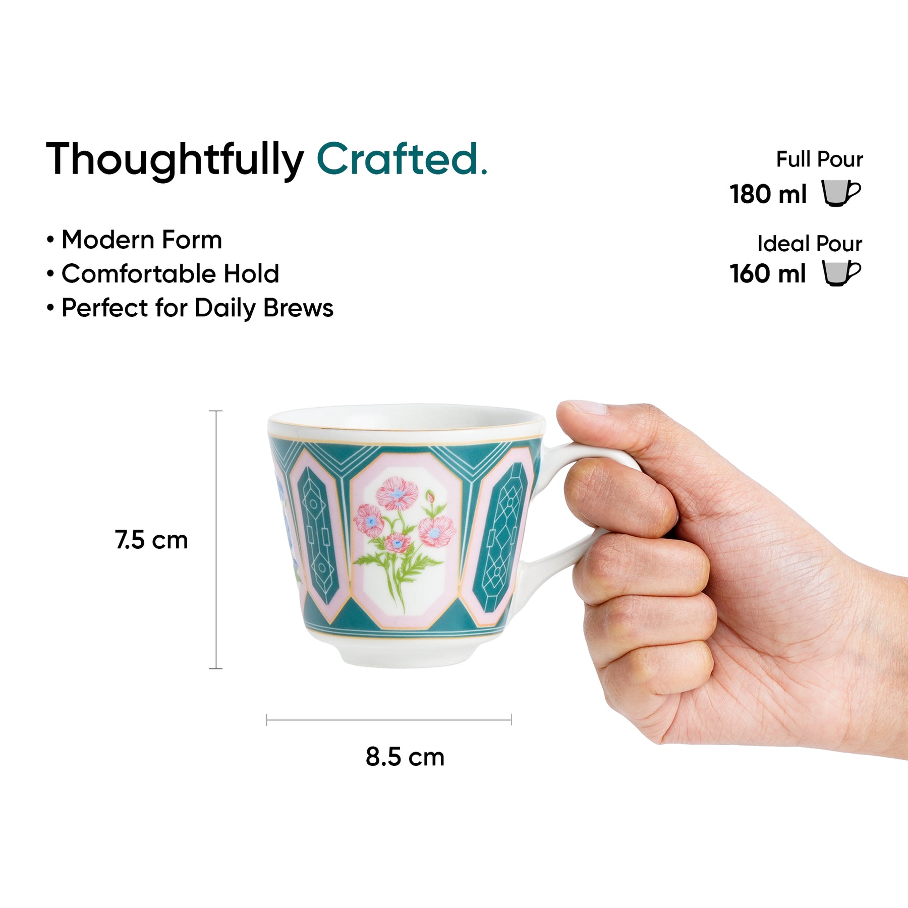 Parterre Ceramic Tea Cups with Gold Rim – 180 ML | Set of 6