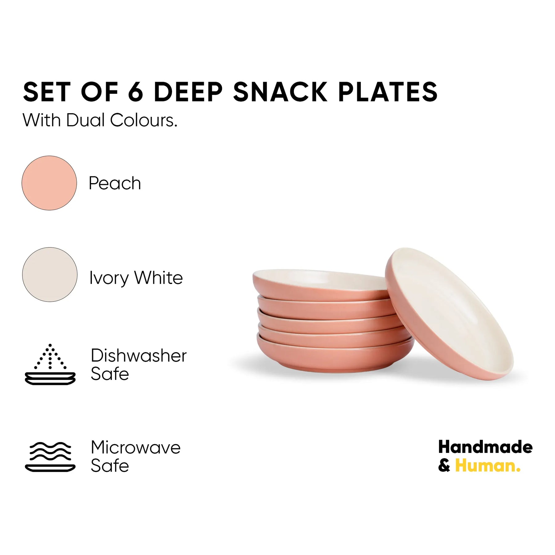 Set of 6 deep snack plates with dual colors, peach and ivory white, on a white background.