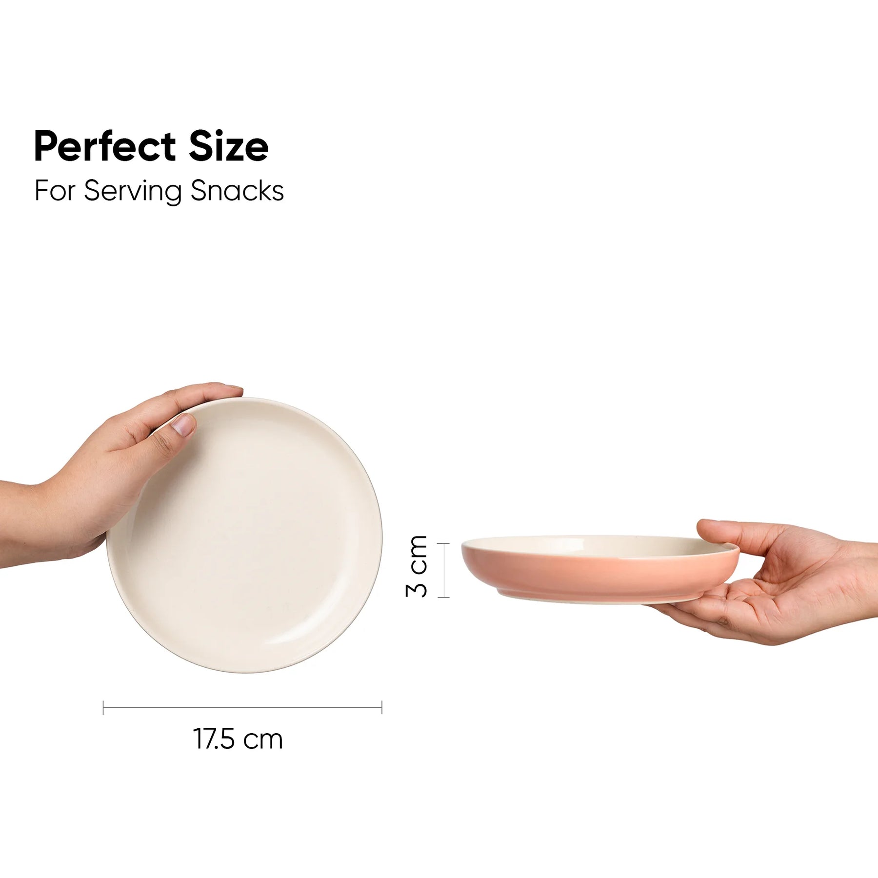 Two hands holding bowls with measurements indicating perfect size for snacks.