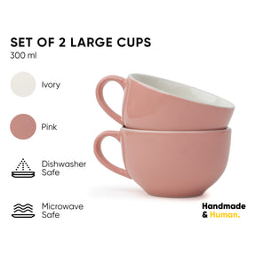 Large Ceramic Coffee Cup Set of 2, Light Pink, 320ml | XL Cuppa Collection | Glossy Finish