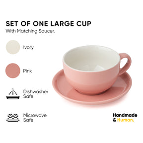 Large Cappuccino Cup Saucer Set, Light Pink, 320ml | XL Cuppa Collection | Glossy Finish