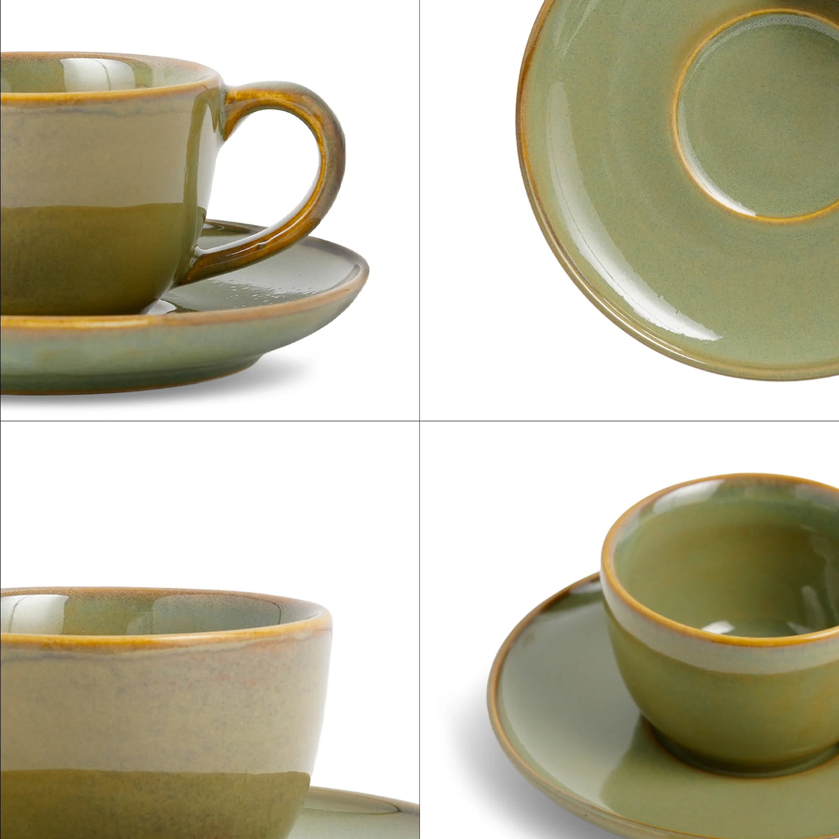 Green ceramic cup and saucer set with gold rim on a white background