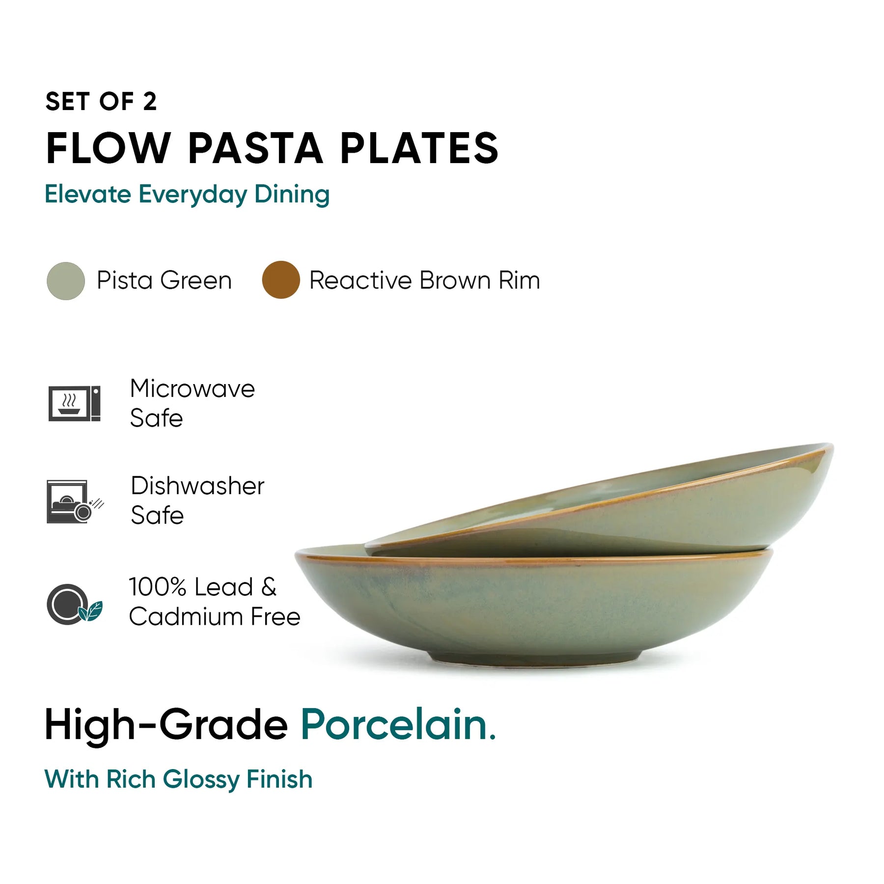 Set of two flow pasta plates with pista green color and reactive brown rim on a white background.