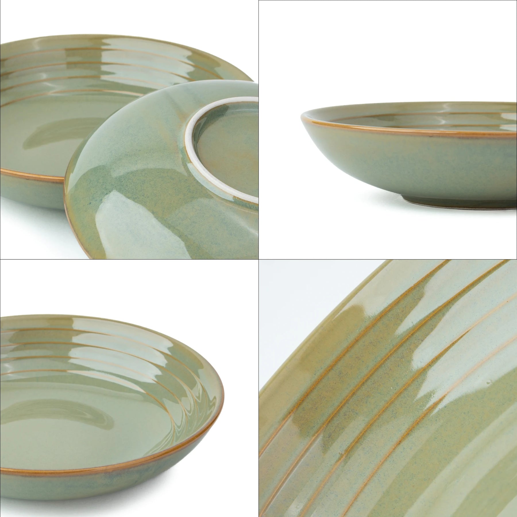 Collage of green ceramic plates with gold rims on a white background