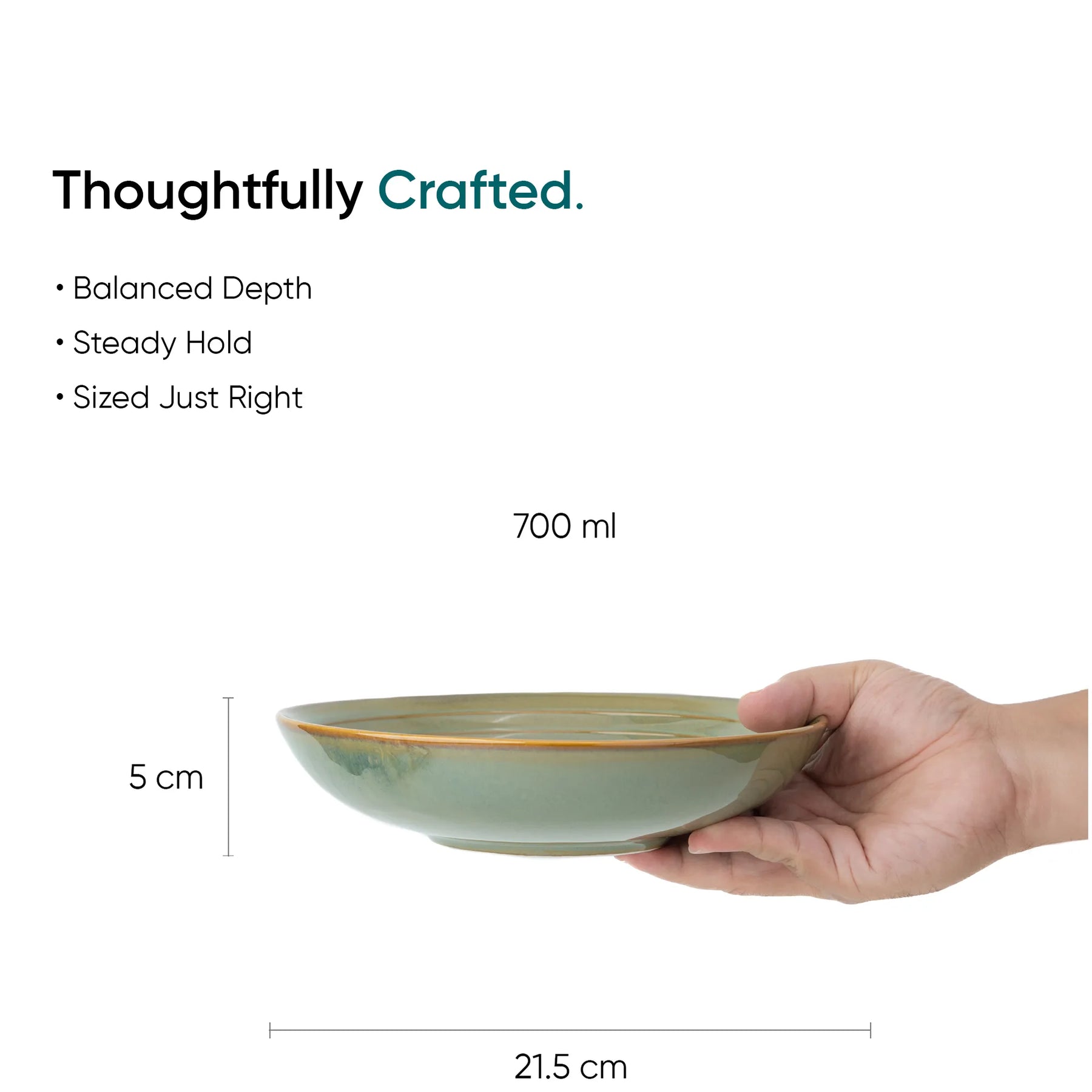 Hand holding a green ceramic bowl with dimensions and text about its features on a white background.