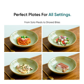 Collage of four green plates with different dishes on a wooden surface.
