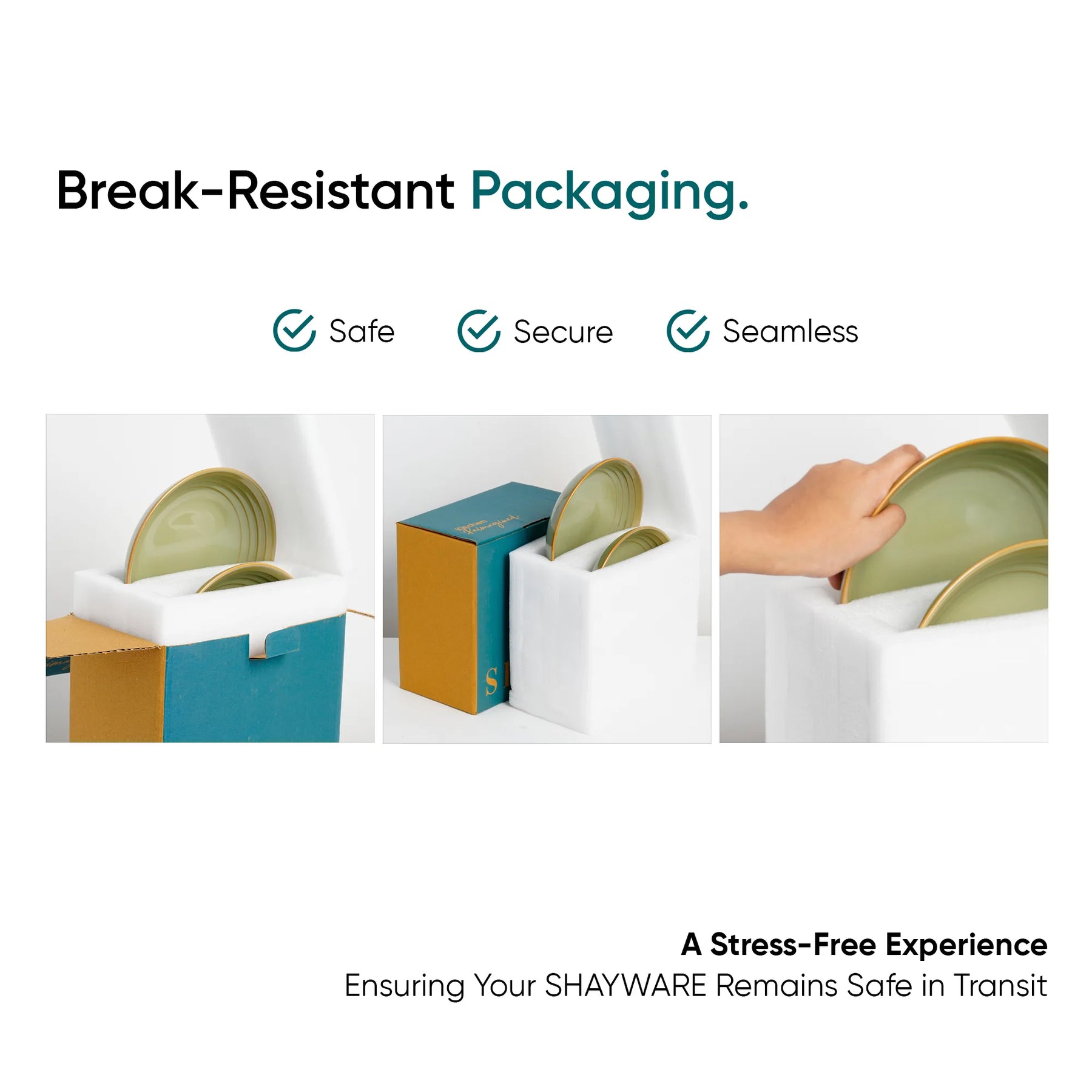 Advertisement for break-resistant packaging with images of a box, lid, and hand holding a product.