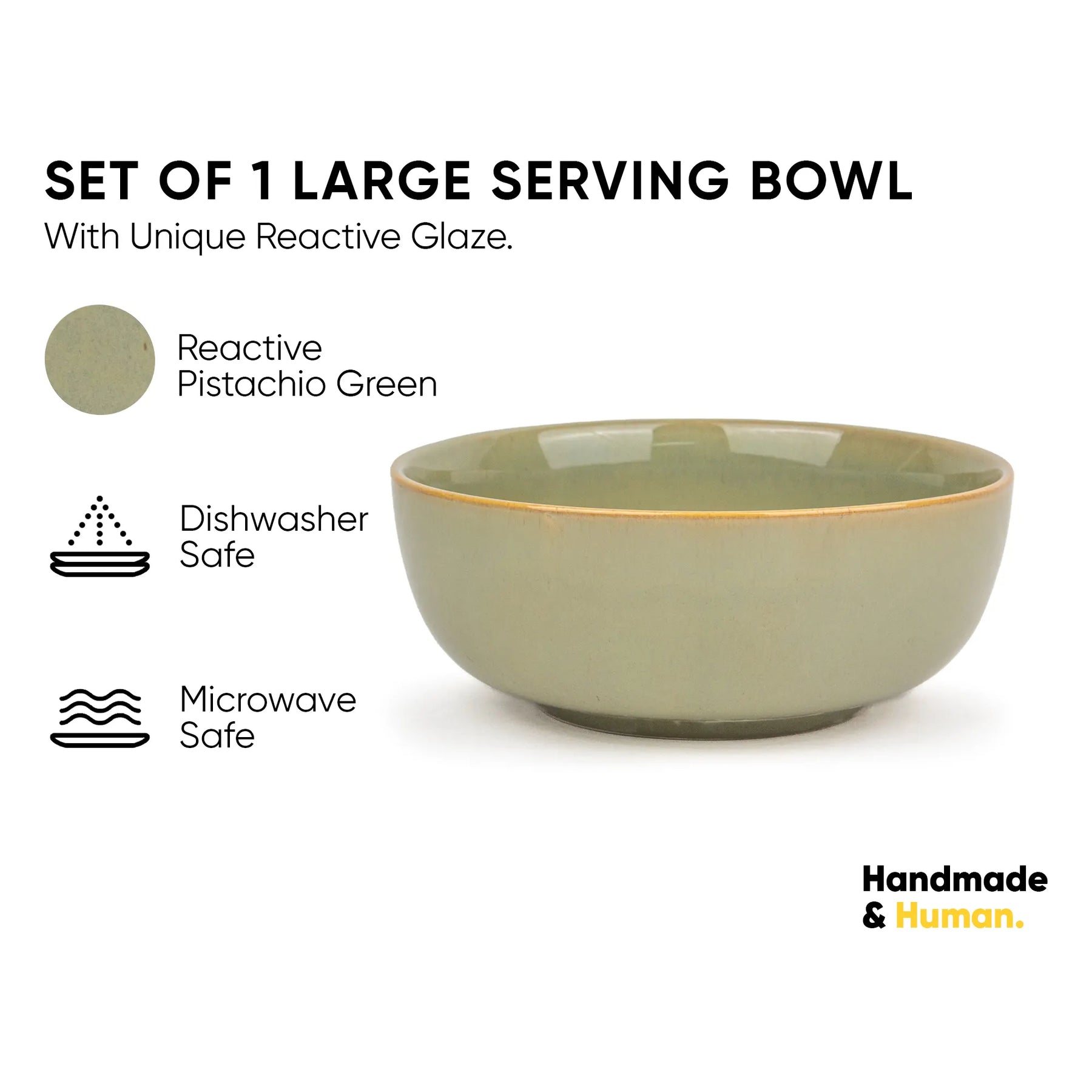 Green serving bowl with reactive glaze on a white background, featuring product details and 'Handmade & Human' branding.